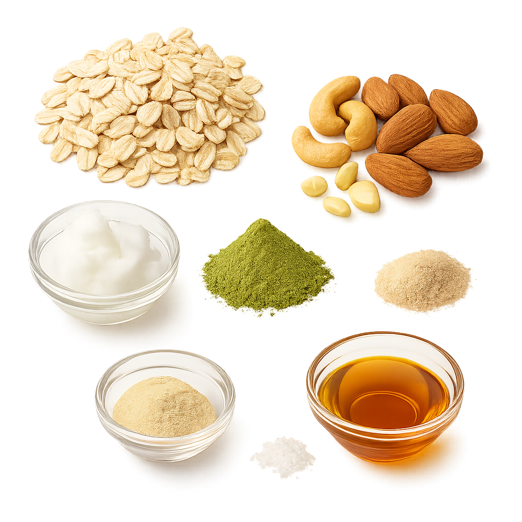 RITUYA. Assorted nuts, seeds, and powders on a white background